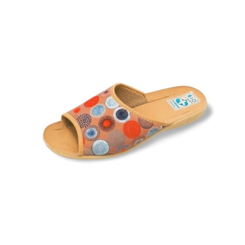 Kapcie Adanex Sara 29507 beżowe+kolorowe kółka,tekstylne