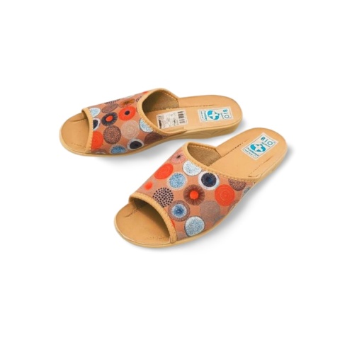 Kapcie Adanex Sara 29507 beżowe+kolorowe kółka,tekstylne Kapcie Adanex Sara 29507 beżowe+kolorowe kółka,tekstylne